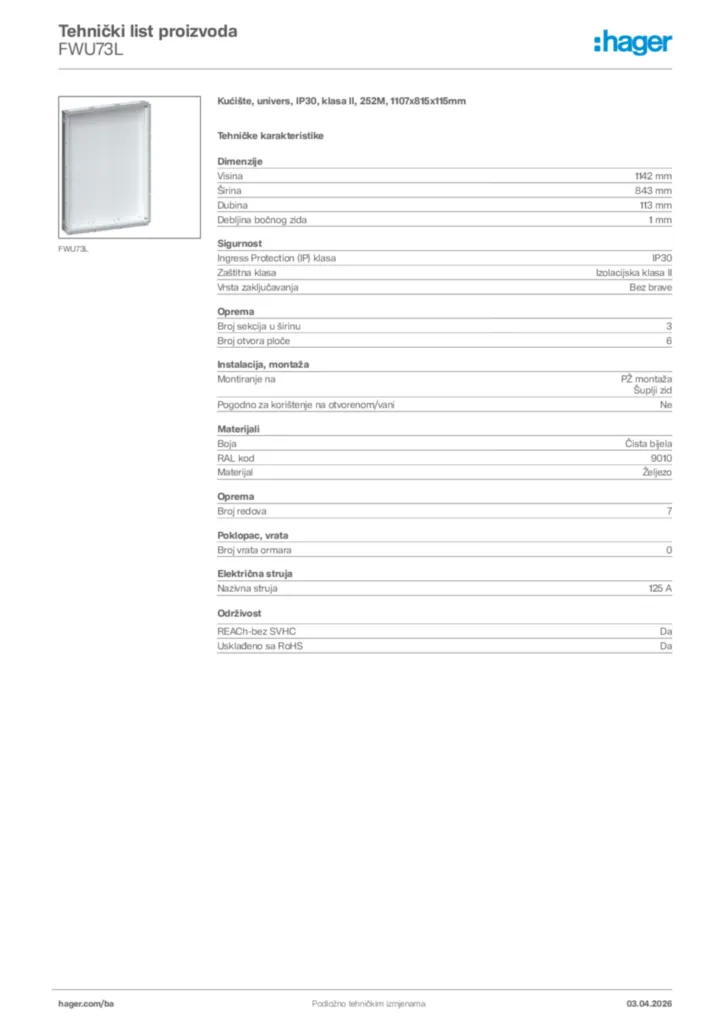 Slika Hager Tehnički list proizvoda FWU73L  | Hager