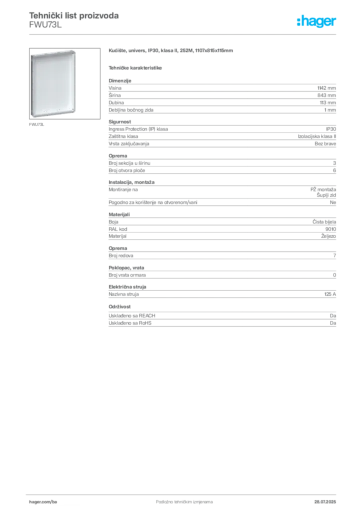 Slika Hager Product data sheet FWU73L  | Hager