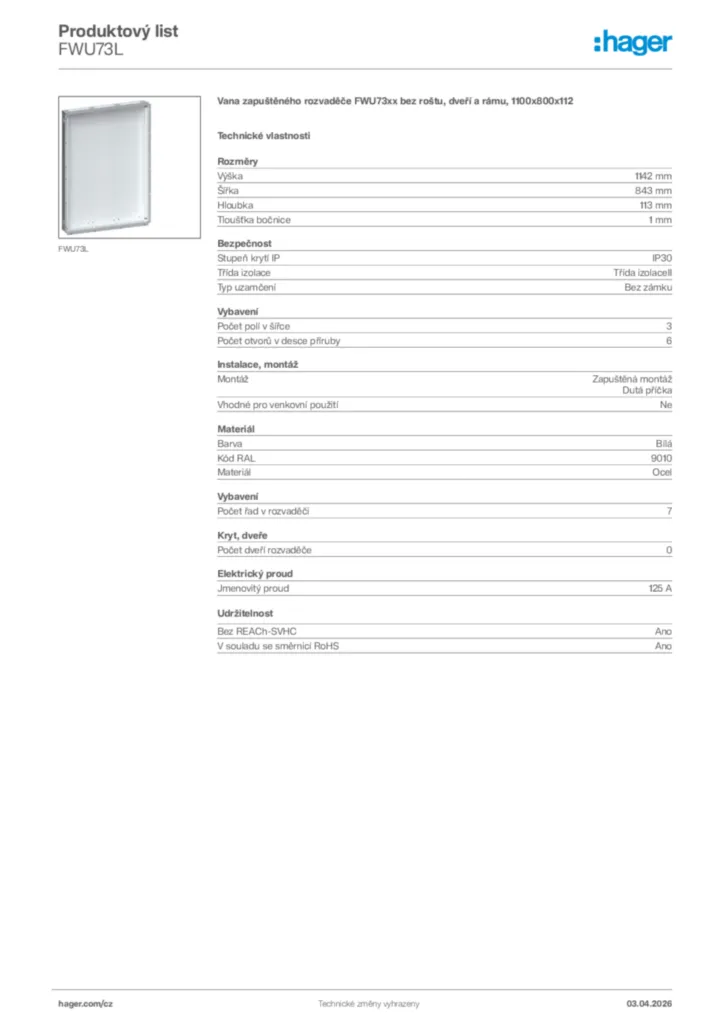 Obrázek Hager Product data sheet FWU73L | Hager