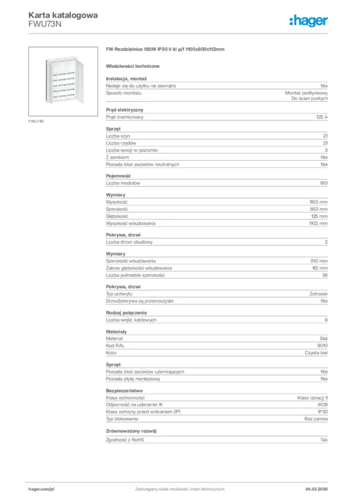 Zdjęcie Hager Karta katalogowa FWU73N | Hager Polska