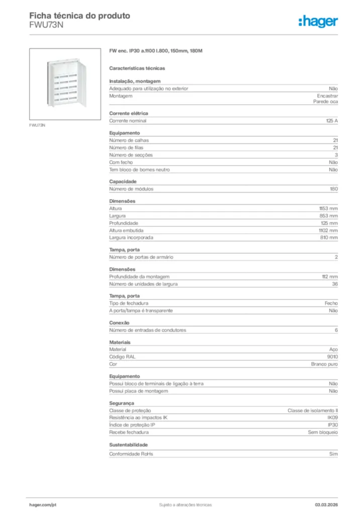 Imagem Hager Ficha técnica do produto FWU73N | Hager Portugal