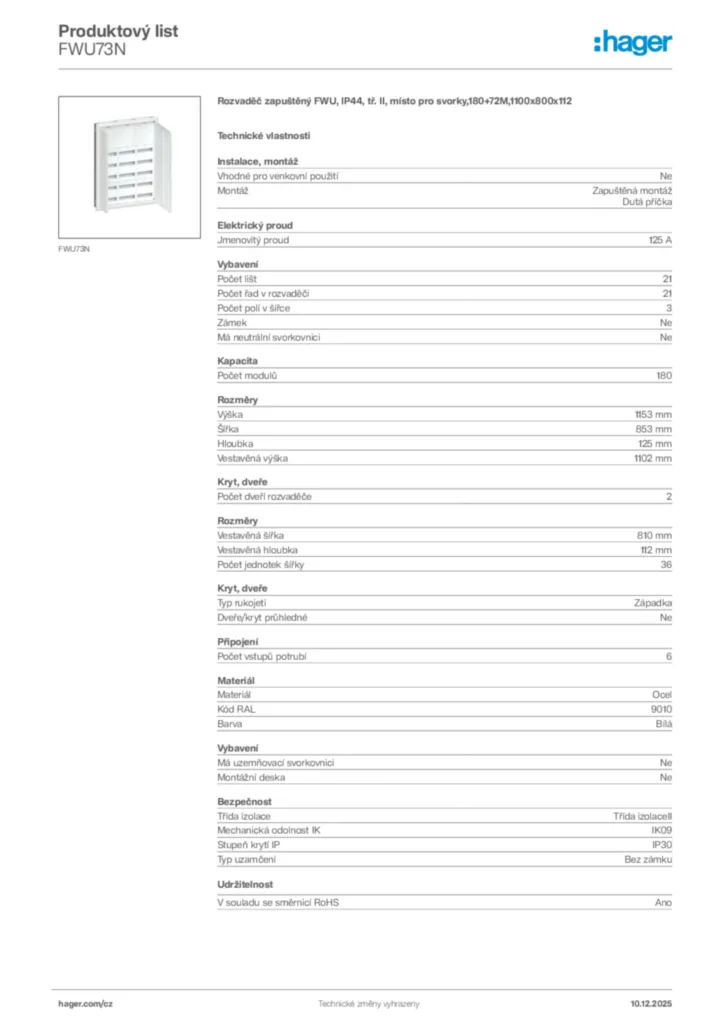 Obrázek Hager Produktový list FWU73N | Hager