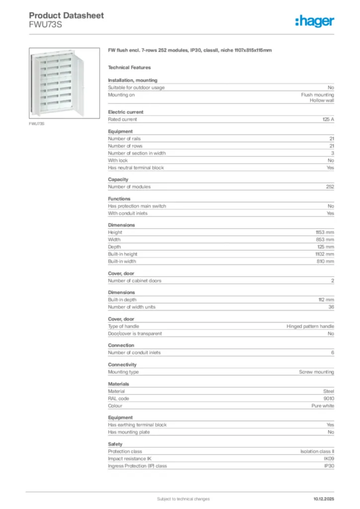Image Hager Product data sheet FWU73S  | Hager Africa
