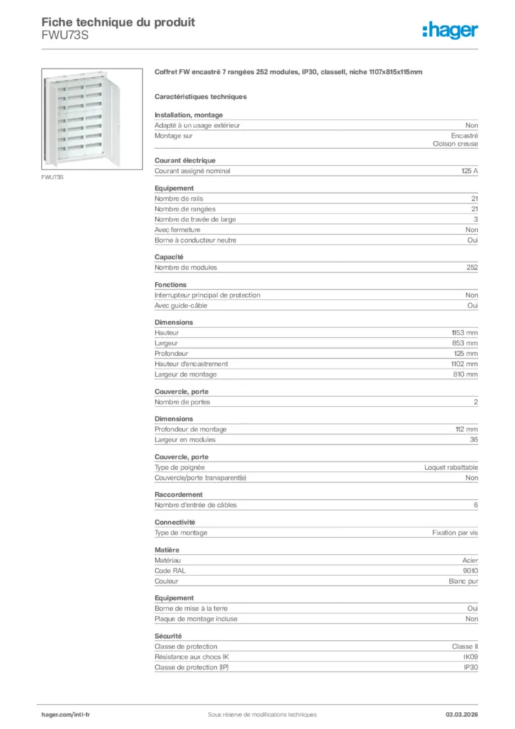 Image Hager Fiche technique du produit FWU73S | Hager Afrique