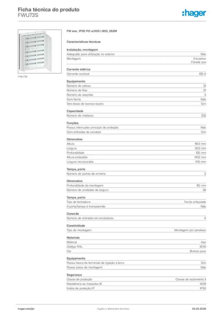 Imagem Hager Ficha técnica do produto FWU73S | Hager Portugal