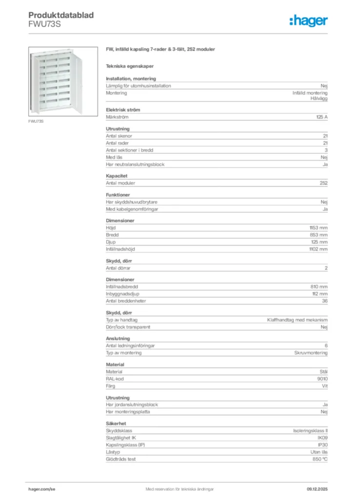 Bild Hager Produktdatablad FWU73S | Hager Sverige