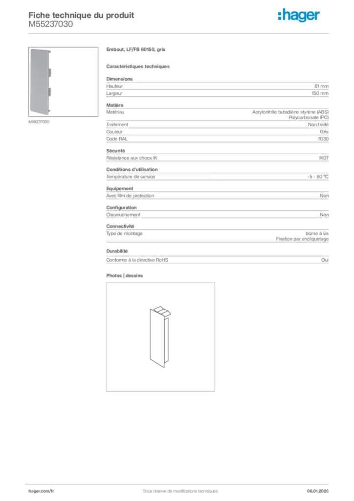 Image Hager Fiche technique du produit M55237030 | Hager France