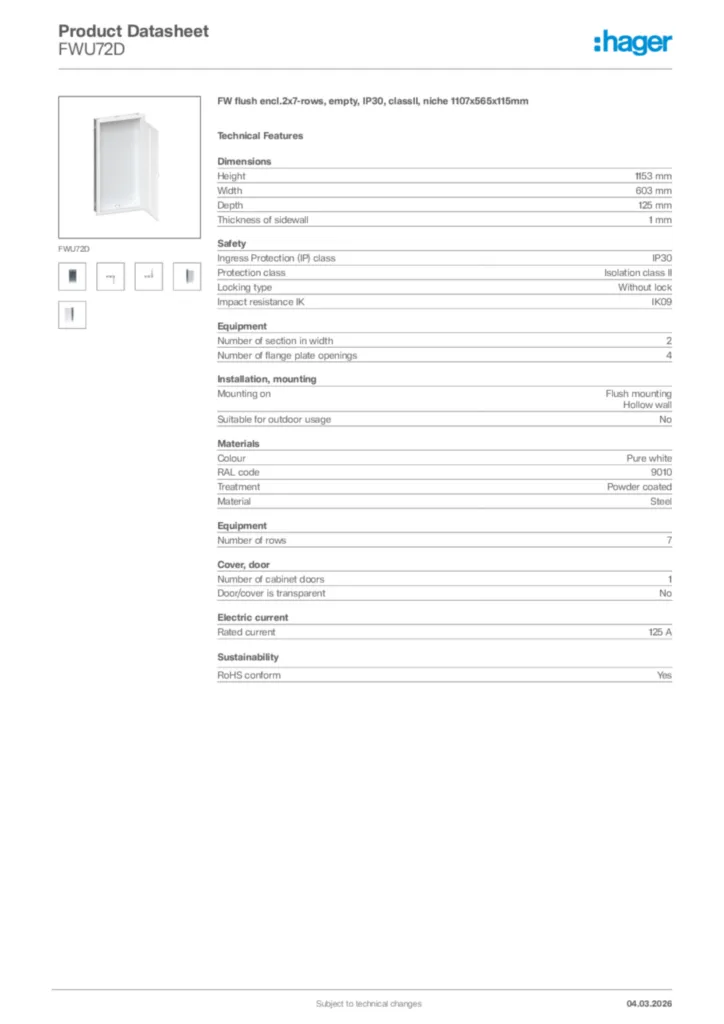 Image Hager Product data sheet FWU72D  | Hager Africa