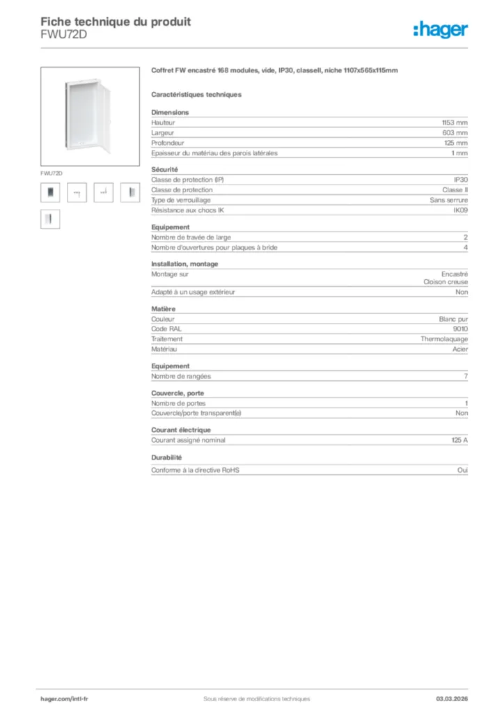 Image Hager Fiche technique du produit FWU72D | Hager Afrique