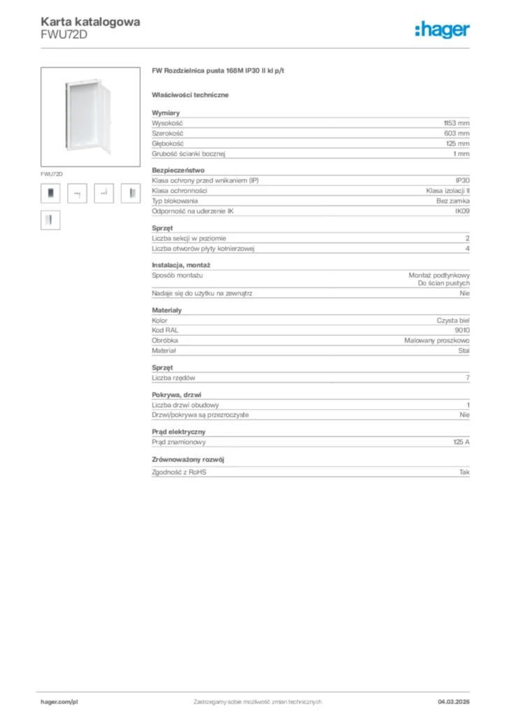 Zdjęcie Hager Karta katalogowa FWU72D | Hager Polska