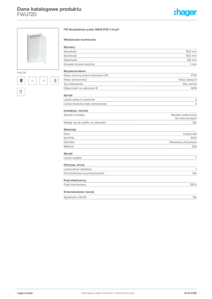 Zdjęcie Hager Dane katalogowe produktu FWU72D | Hager Polska