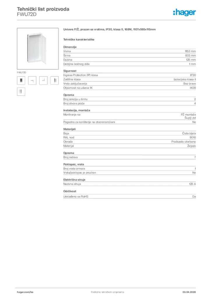 Slika Hager Tehnički list proizvoda FWU72D  | Hager