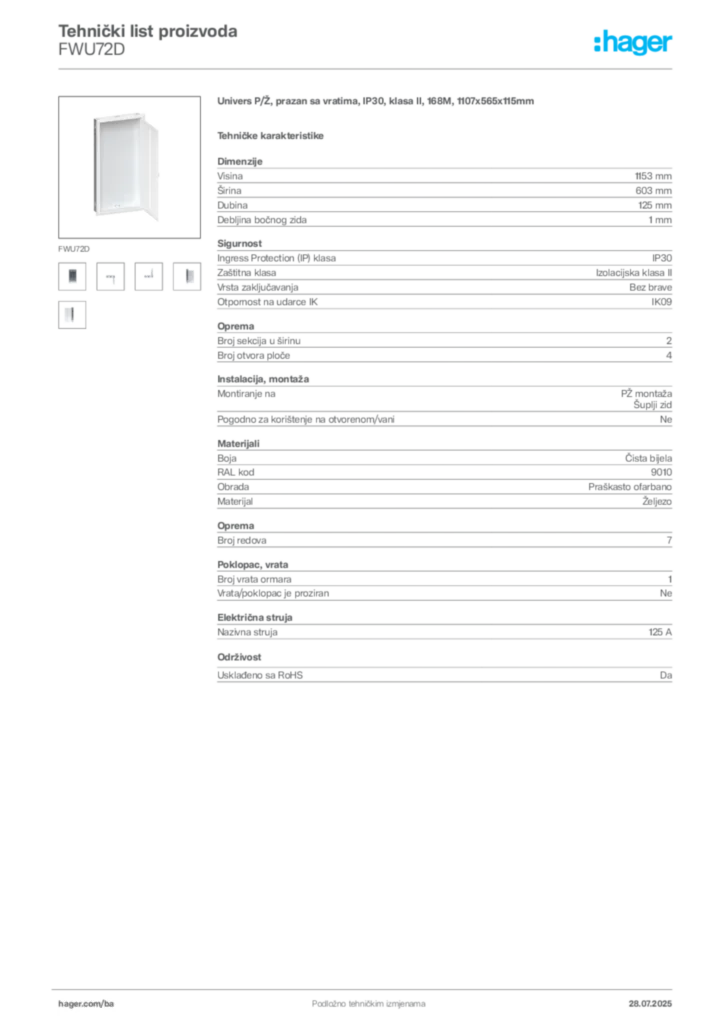 Slika Hager Product data sheet FWU72D  | Hager