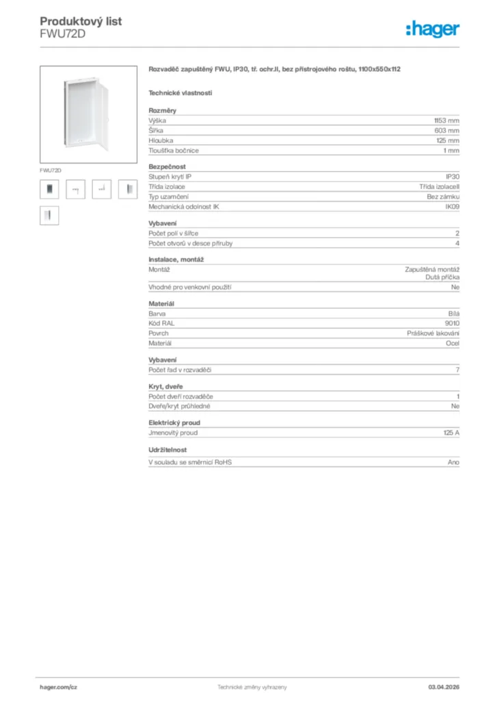 Obrázek Hager Product data sheet FWU72D | Hager
