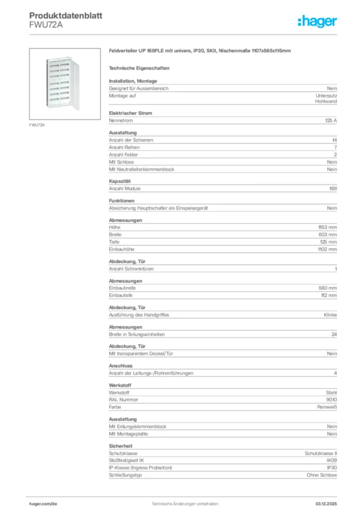 Bild Hager Produktdatenblatt FWU72A | Hager Deutschland