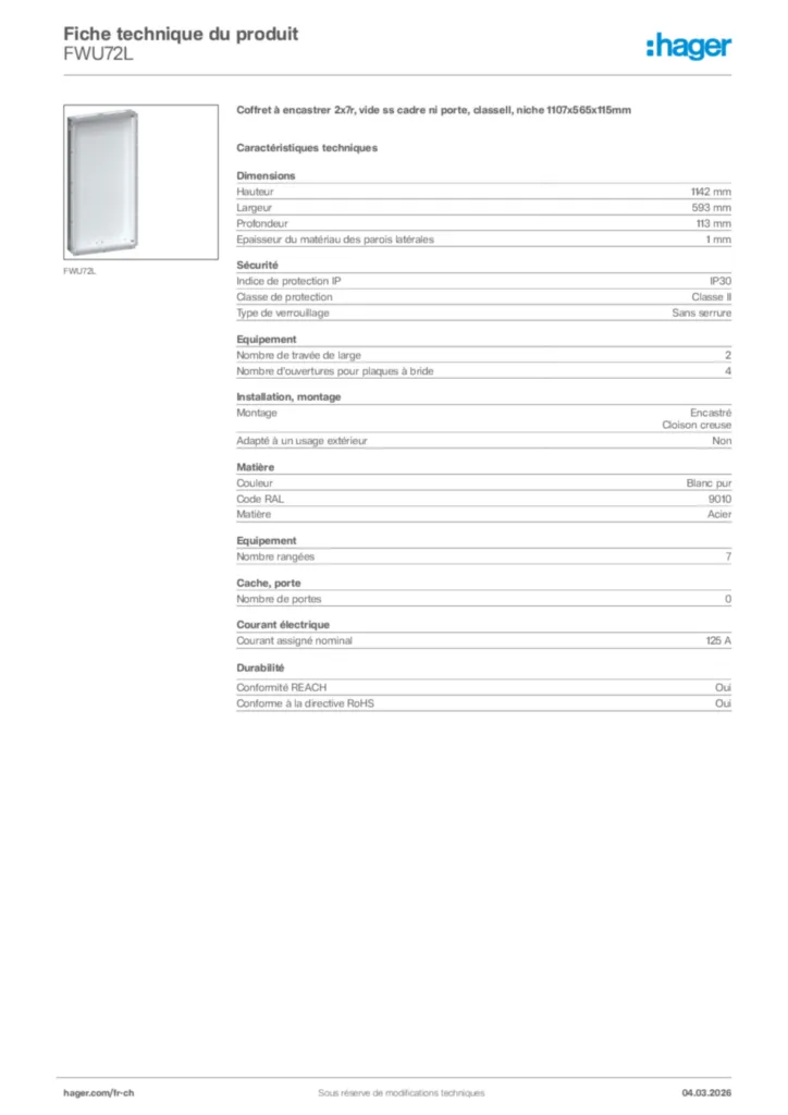 Image Hager Fiche technique du produit FWU72L | Hager Suisse