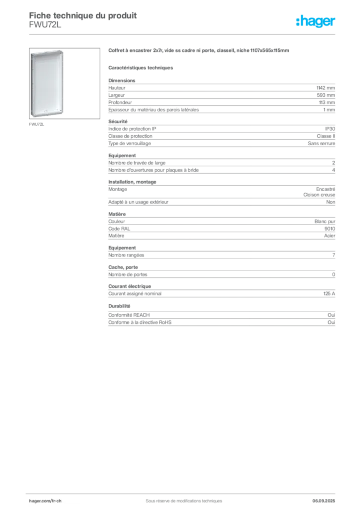 Image Hager Fiche technique du produit FWU72L | Hager Suisse