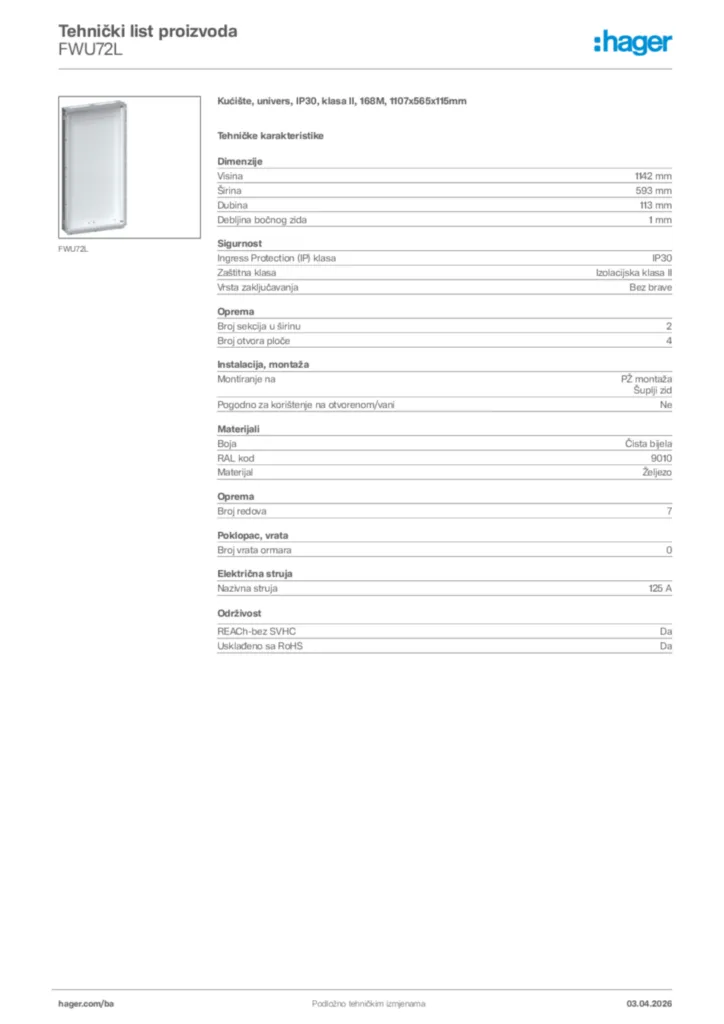 Slika Hager Tehnički list proizvoda FWU72L  | Hager