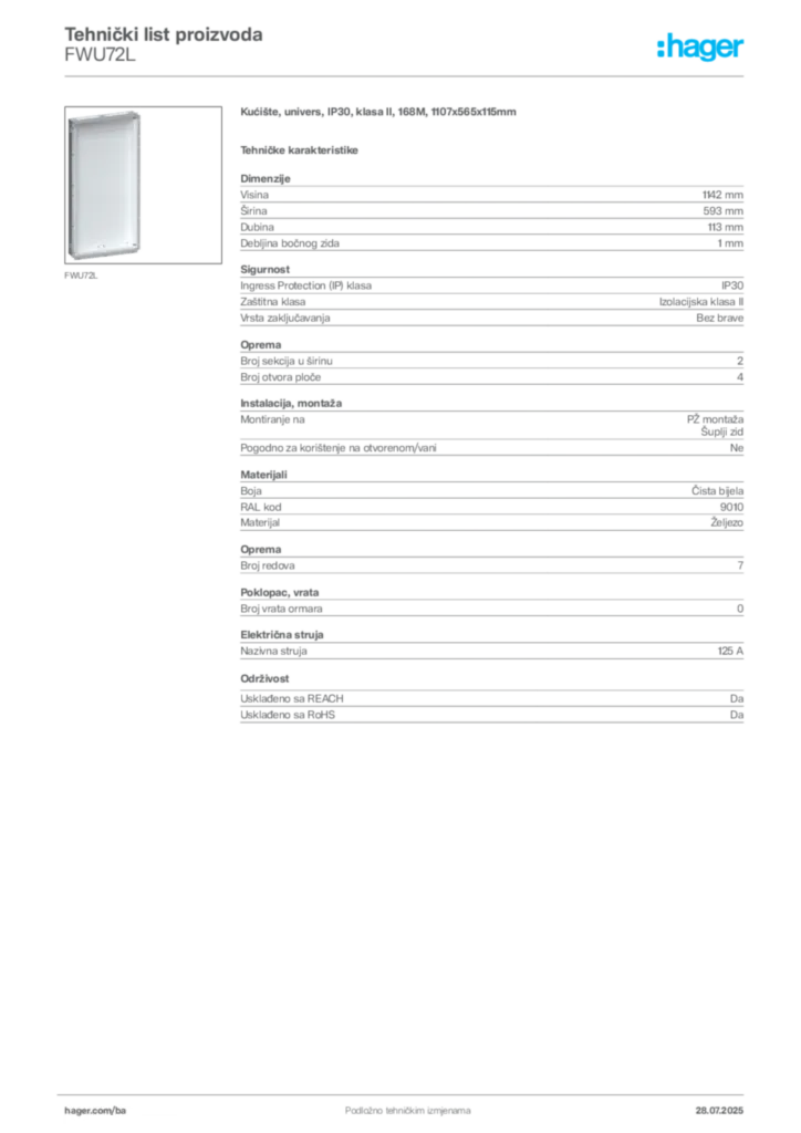 Slika Hager Product data sheet FWU72L  | Hager