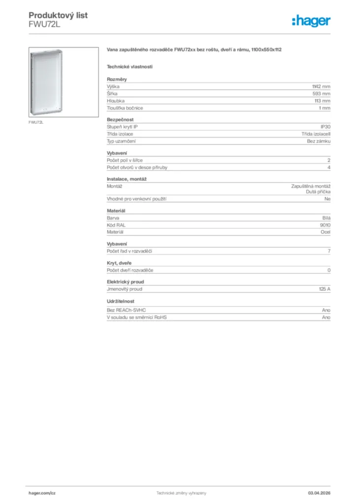 Obrázek Hager Product data sheet FWU72L | Hager