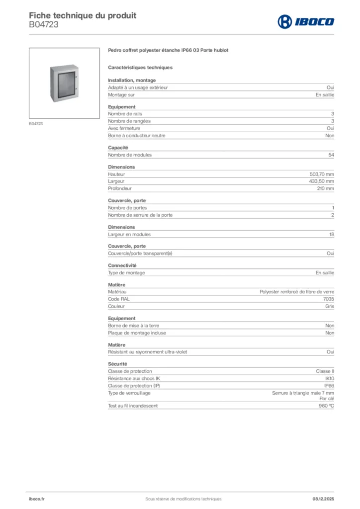 Image Iboco Fiche technique du produit B04723 | Hager France