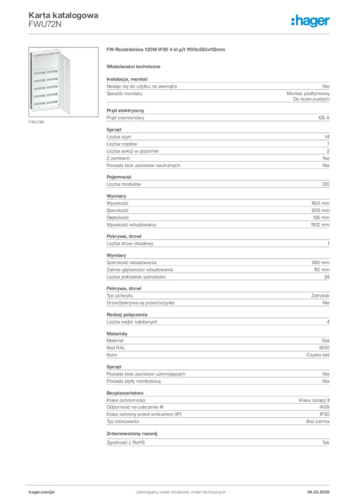 Zdjęcie Hager Karta katalogowa FWU72N | Hager Polska