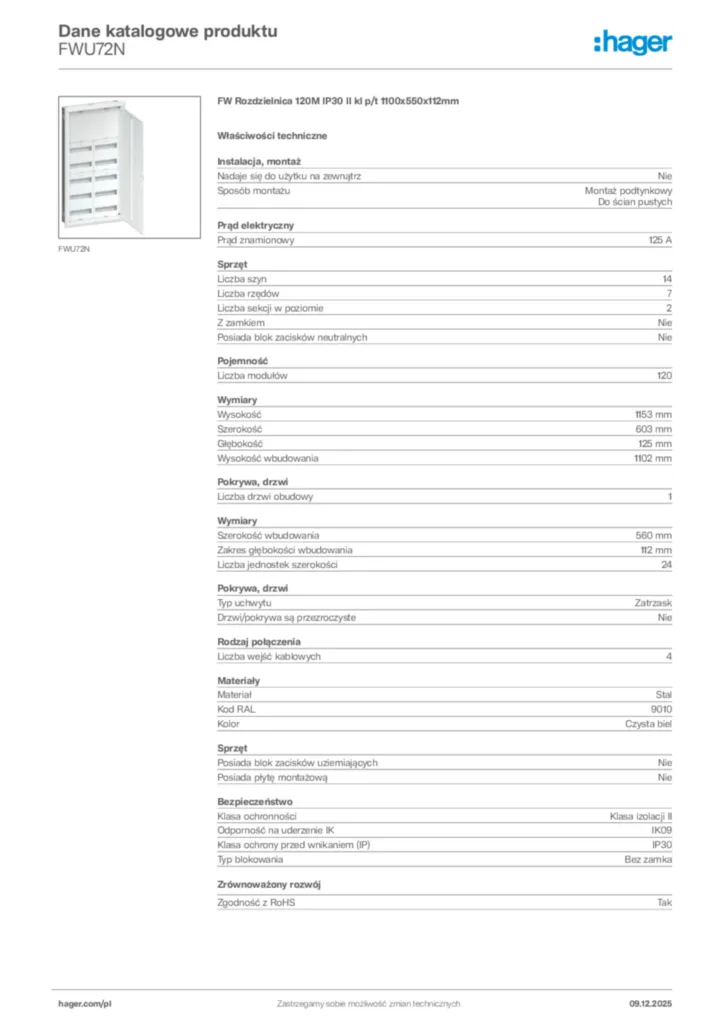 Zdjęcie Hager Karta katalogowa FWU72N | Hager Polska