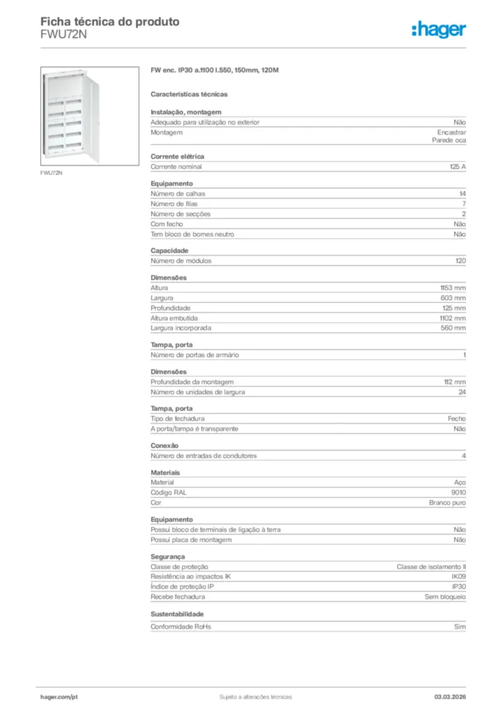 Imagem Hager Ficha técnica do produto FWU72N | Hager Portugal