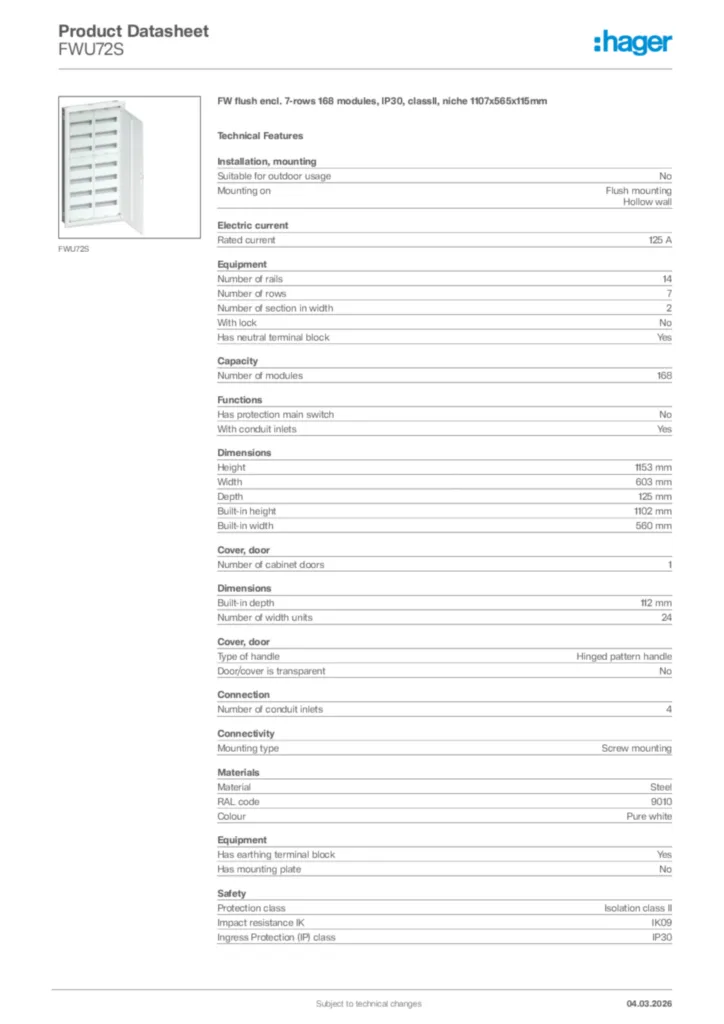 Image Hager Product data sheet FWU72S  | Hager Africa
