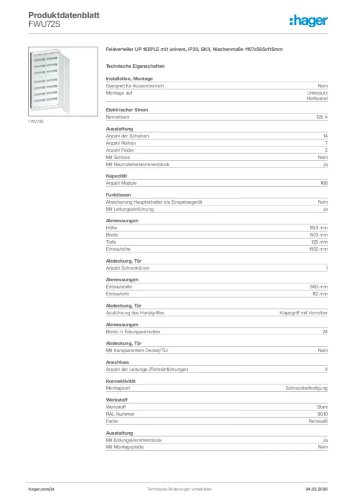 Bild Hager Produktdatenblatt FWU72S | Hager Deutschland