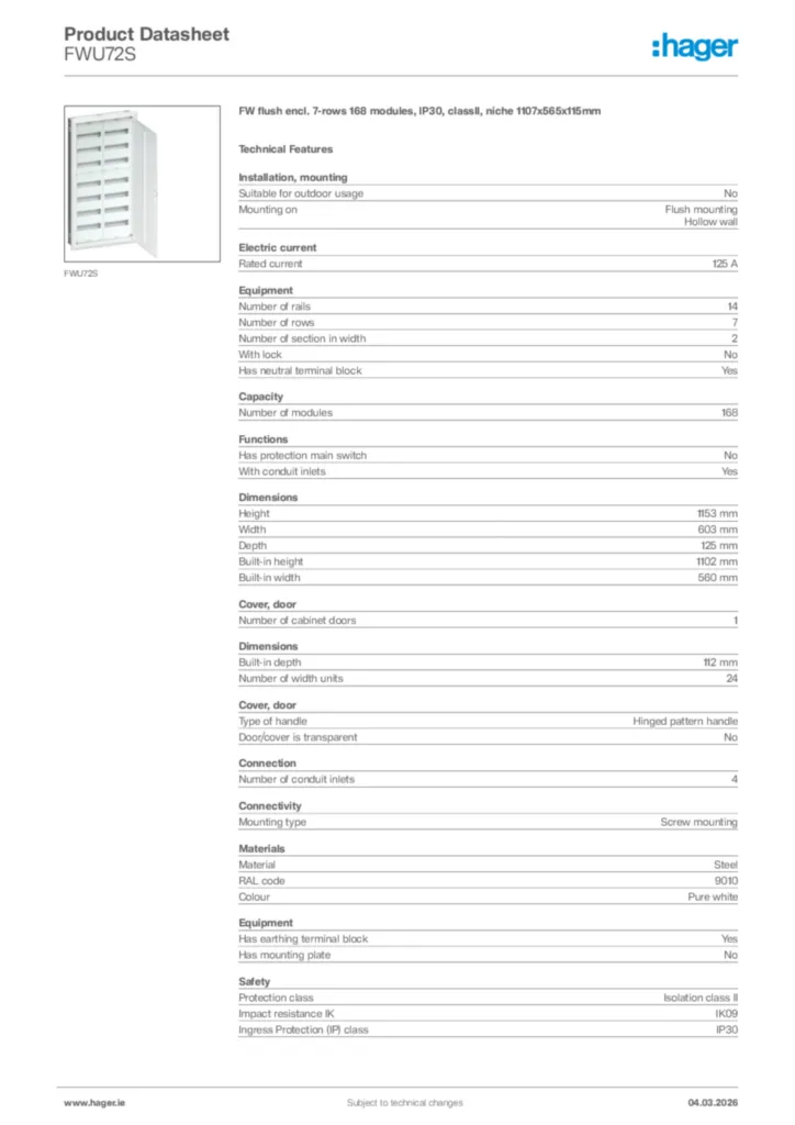 Image Hager Product data sheet FWU72S  | Hager