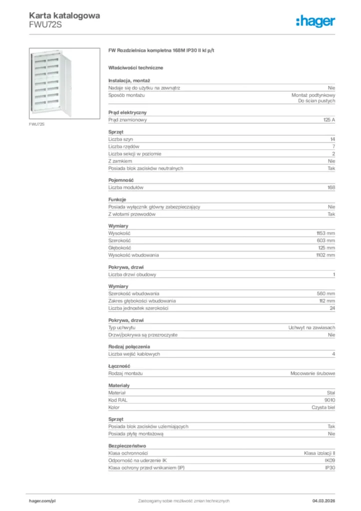 Zdjęcie Hager Karta katalogowa FWU72S | Hager Polska