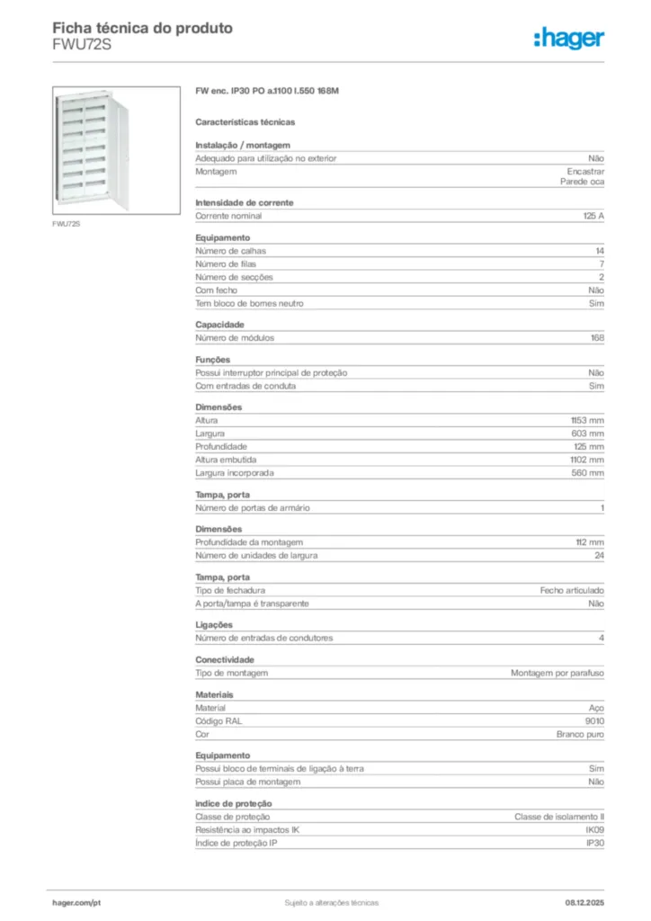 Imagem Hager Ficha técnica do produto FWU72S | Hager Portugal