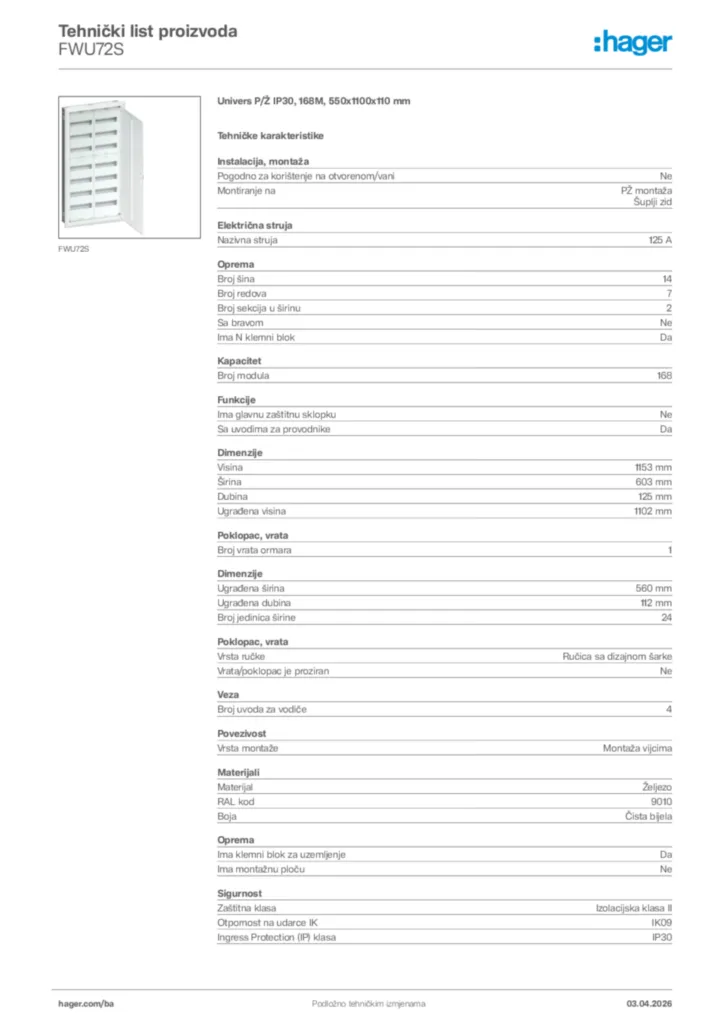 Slika Hager Tehnički list proizvoda FWU72S  | Hager