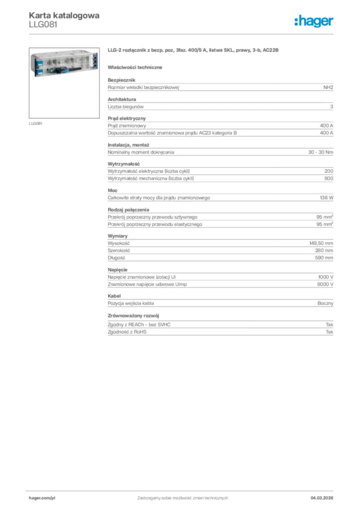Zdjęcie Hager Karta katalogowa LLG081 | Hager Polska