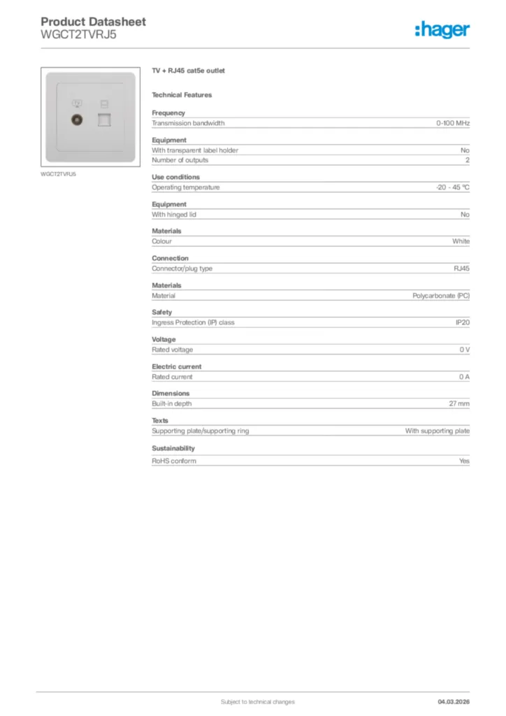 Image Hager Product data sheet WGCT2TVRJ5  | Hager Africa