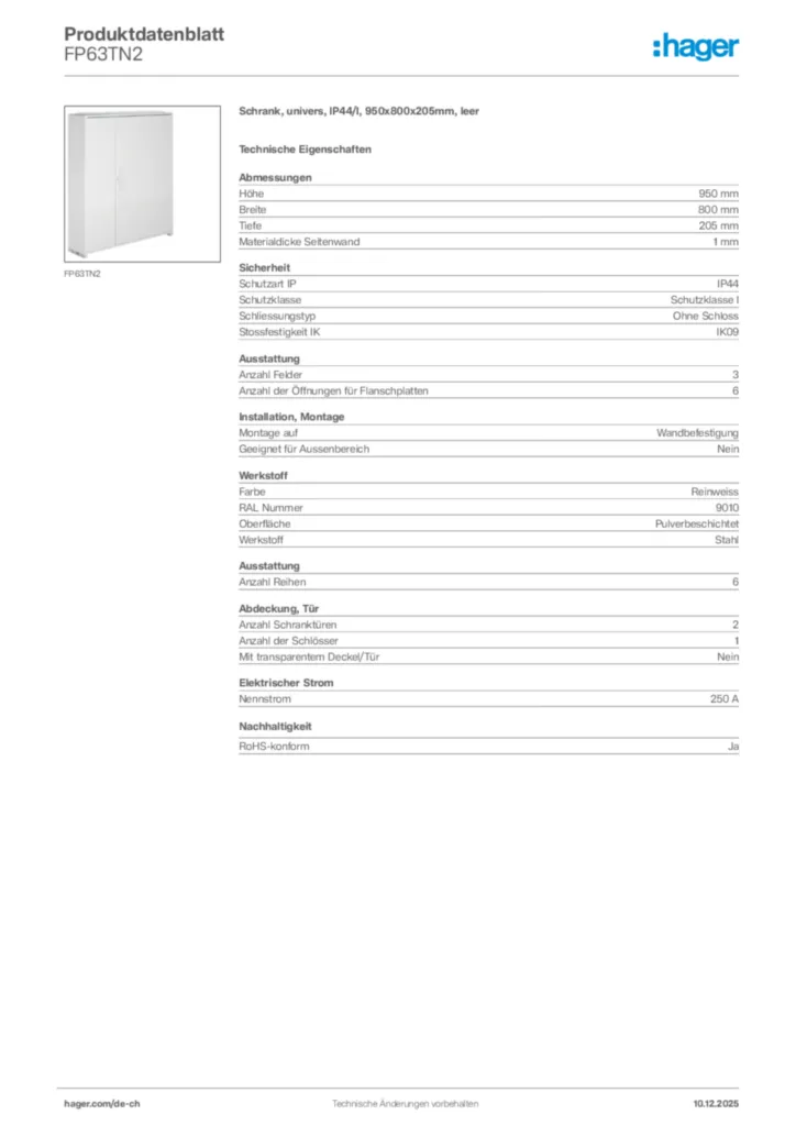Bild Hager Produktdatenblatt FP63TN2 | Hager Schweiz