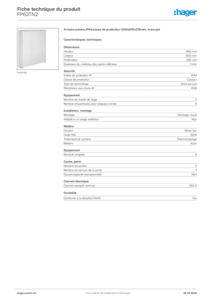 Image Hager Fiche technique du produit FP63TN2 | Hager Suisse