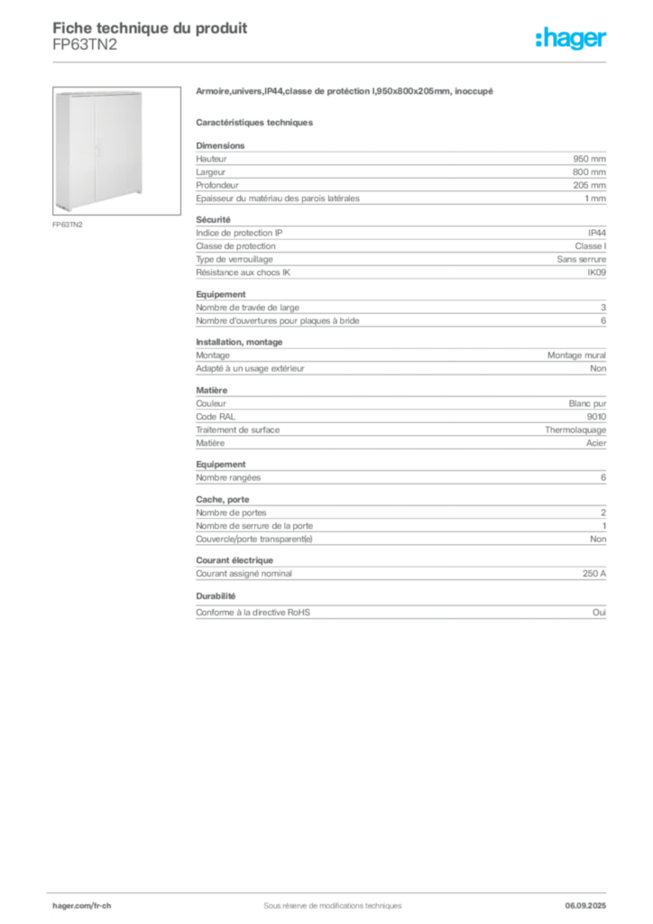 Image Hager Fiche technique du produit FP63TN2 | Hager Suisse