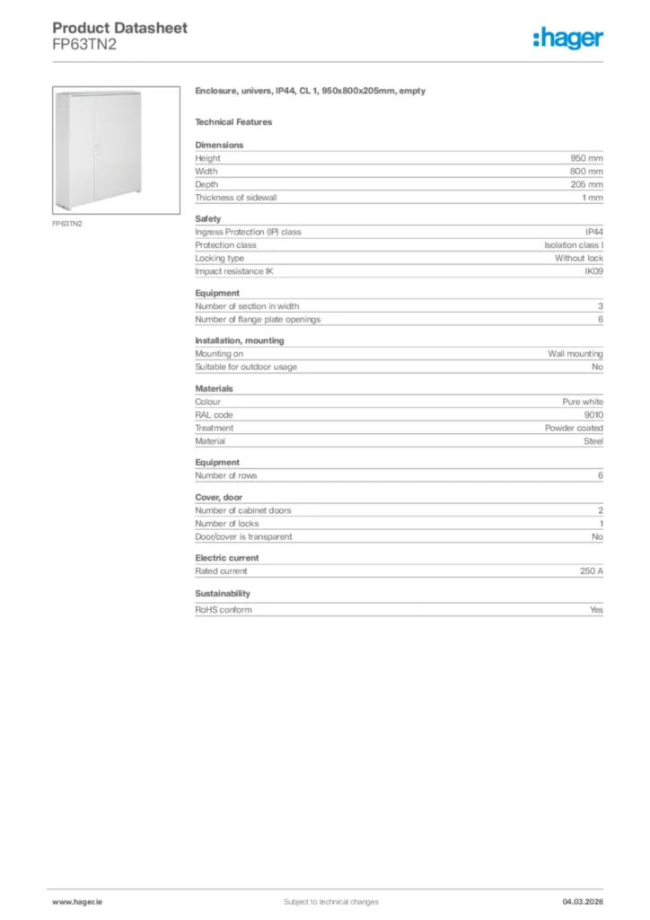 Image Hager Product data sheet FP63TN2  | Hager