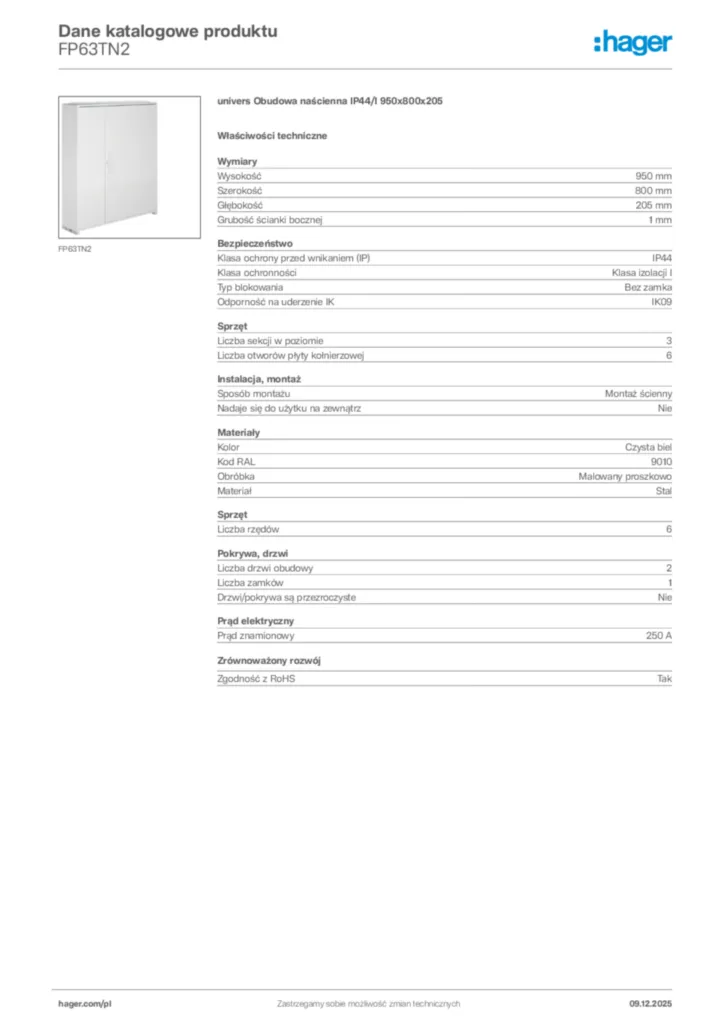 Zdjęcie Hager Karta katalogowa FP63TN2 | Hager Polska
