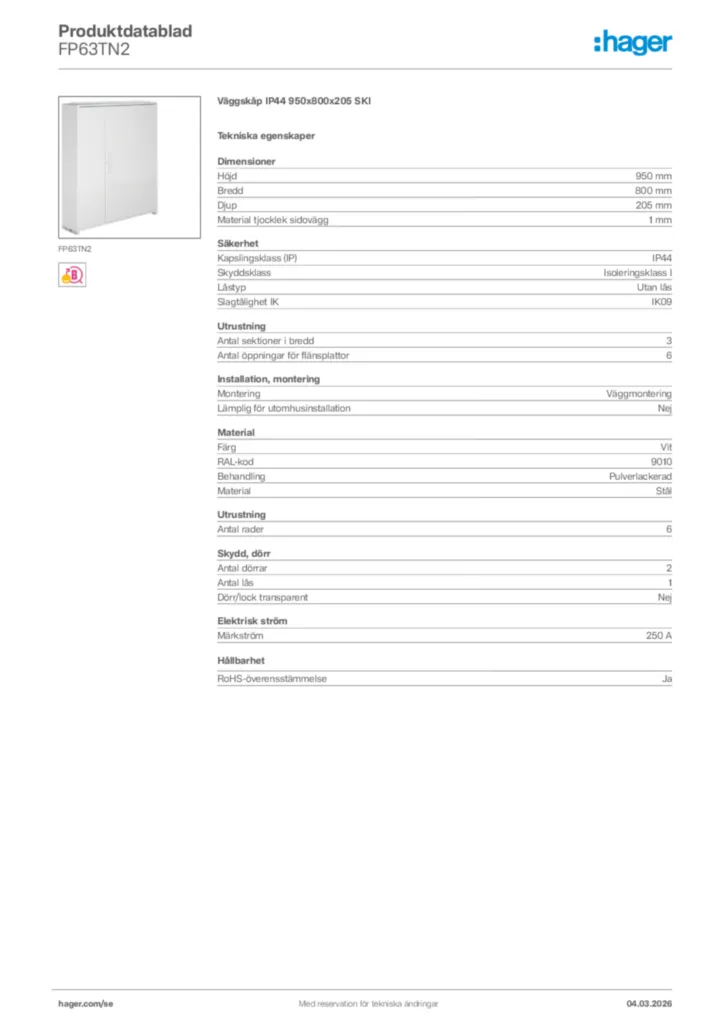 Bild Hager Produktdatablad FP63TN2 | Hager Sverige