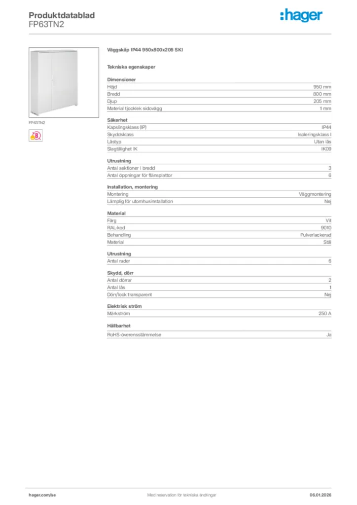 Bild Hager Produktdatablad FP63TN2 | Hager Sverige