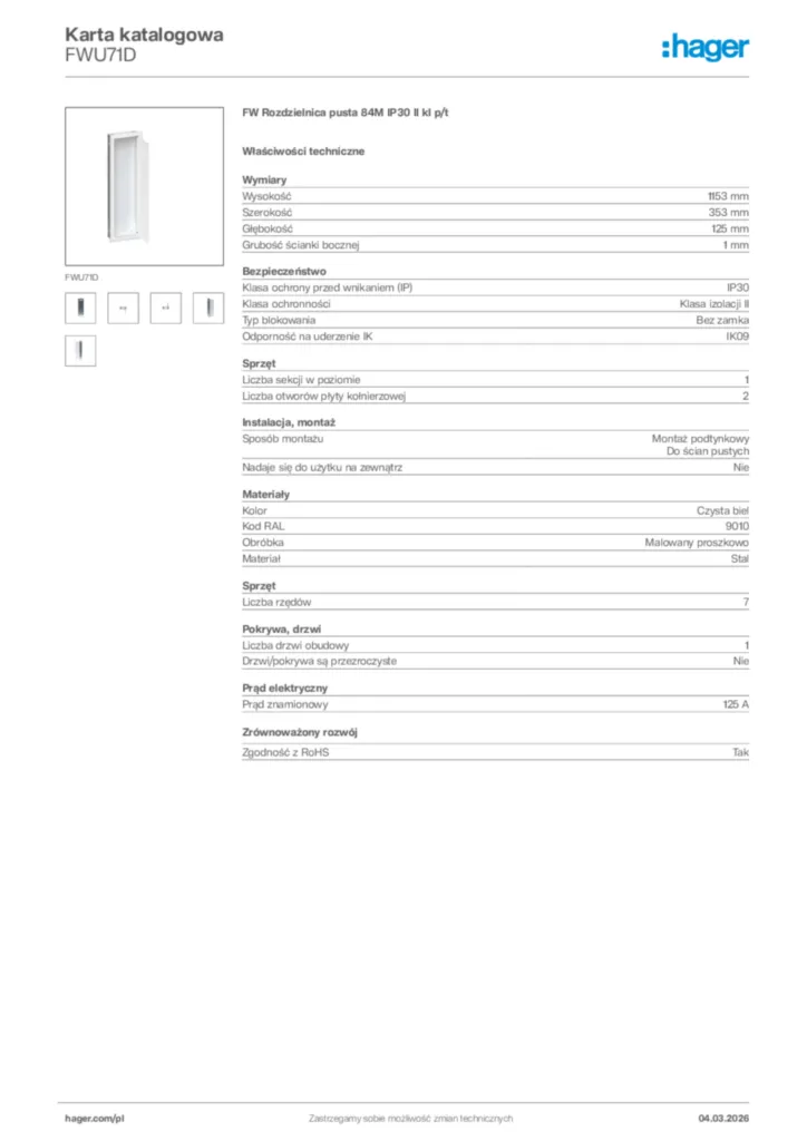 Zdjęcie Hager Karta katalogowa FWU71D | Hager Polska