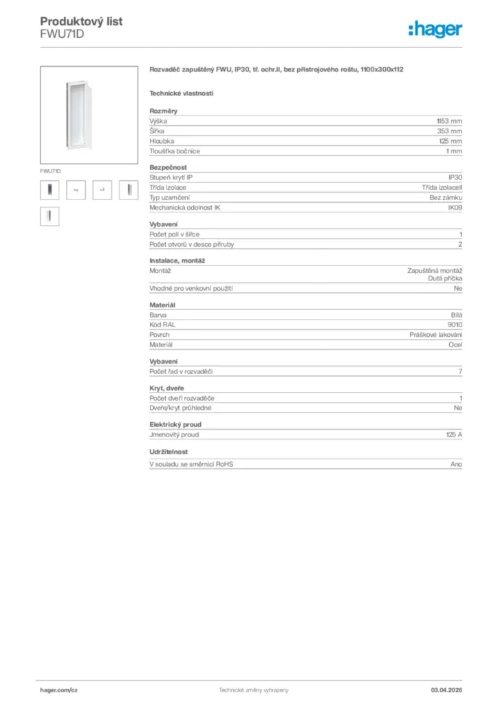 Obrázek Hager Product data sheet FWU71D | Hager