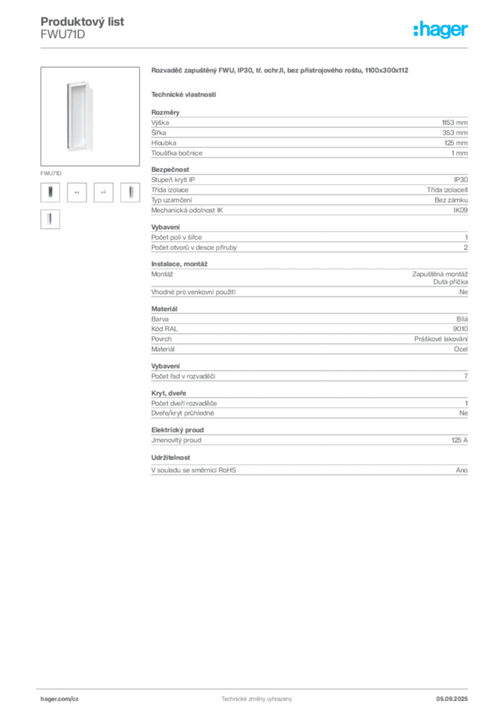 Obrázek Hager Produktový list FWU71D | Hager