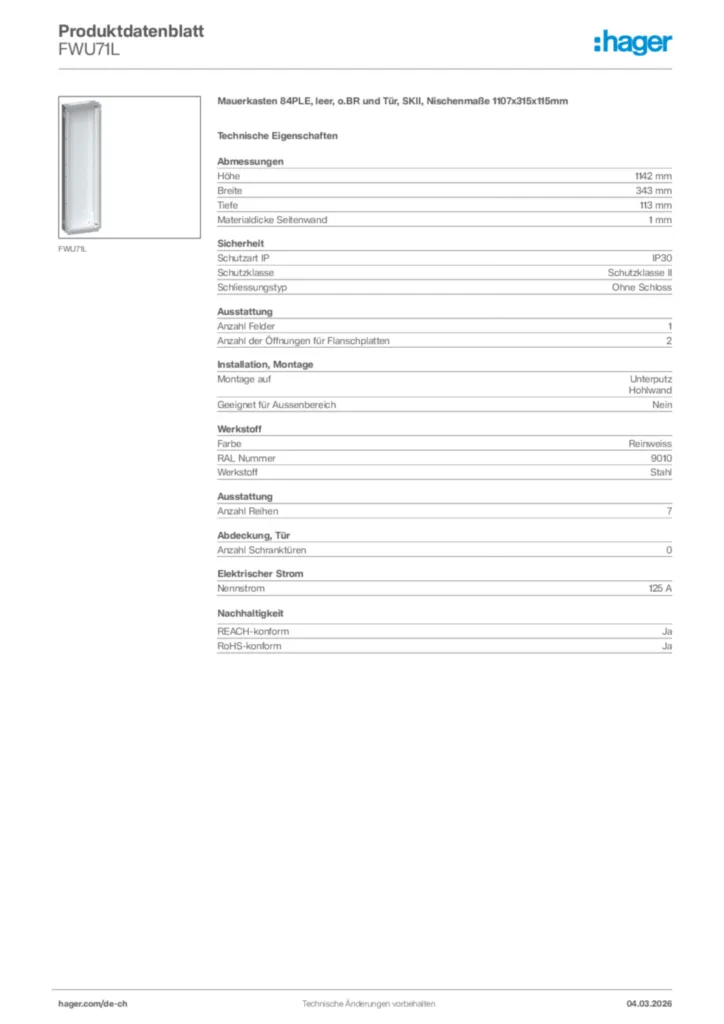 Bild Hager Produktdatenblatt FWU71L | Hager Schweiz