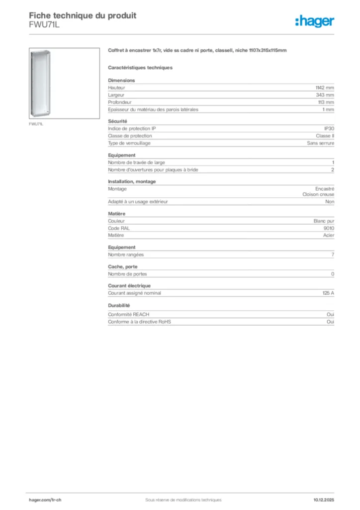 Image Hager Fiche technique du produit FWU71L | Hager Suisse