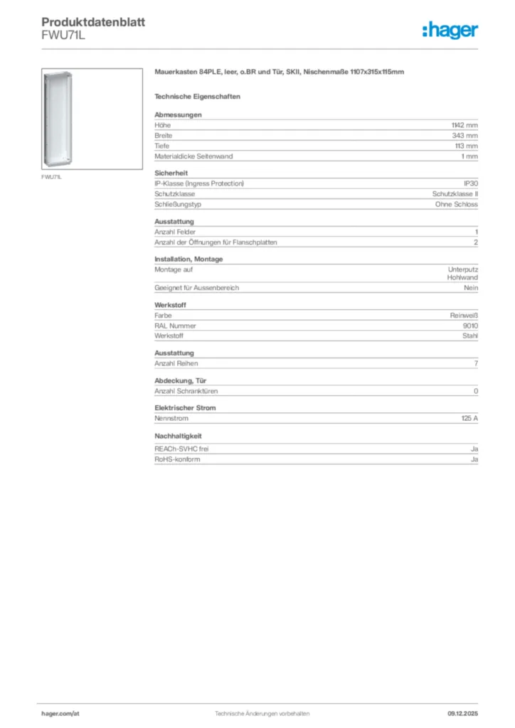 Bild Hager Produktdatenblatt FWU71L | Hager Deutschland