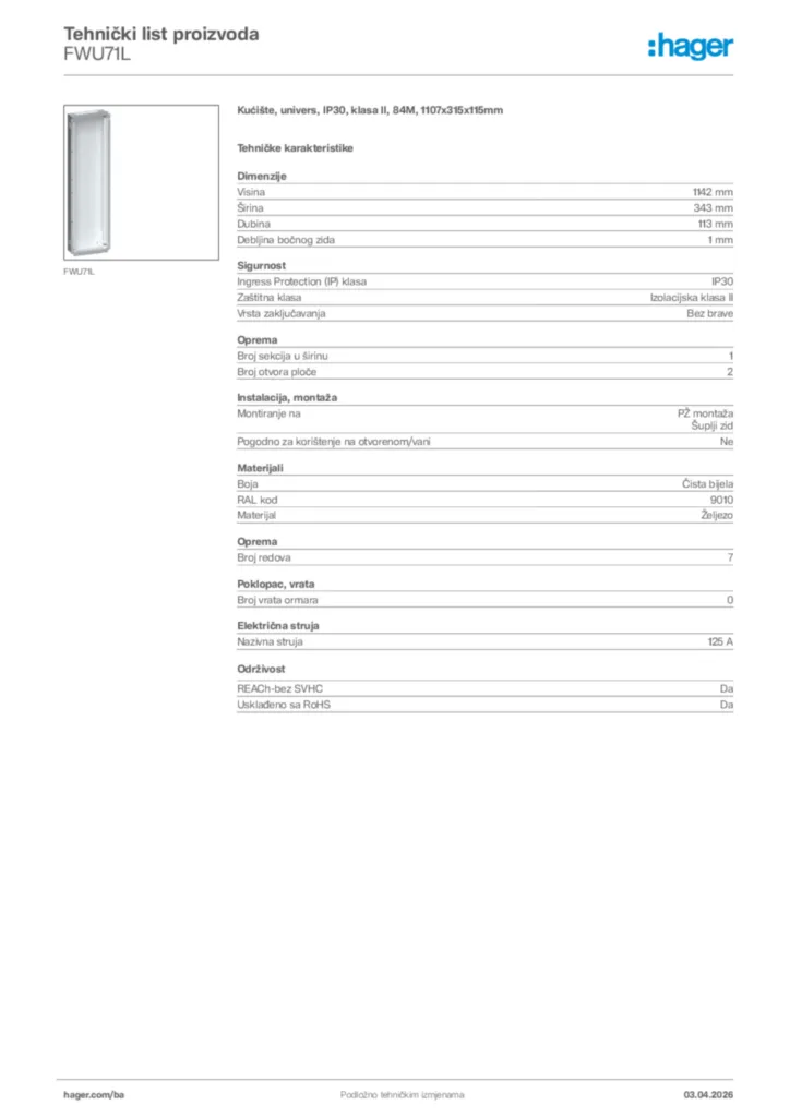 Slika Hager Tehnički list proizvoda FWU71L  | Hager